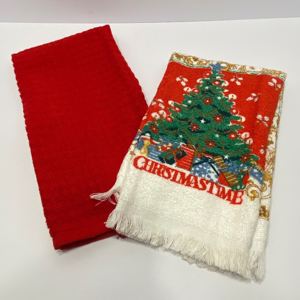 Cannon Christmas Hand Towels Red White Excellent Vintage‎ Holiday Set